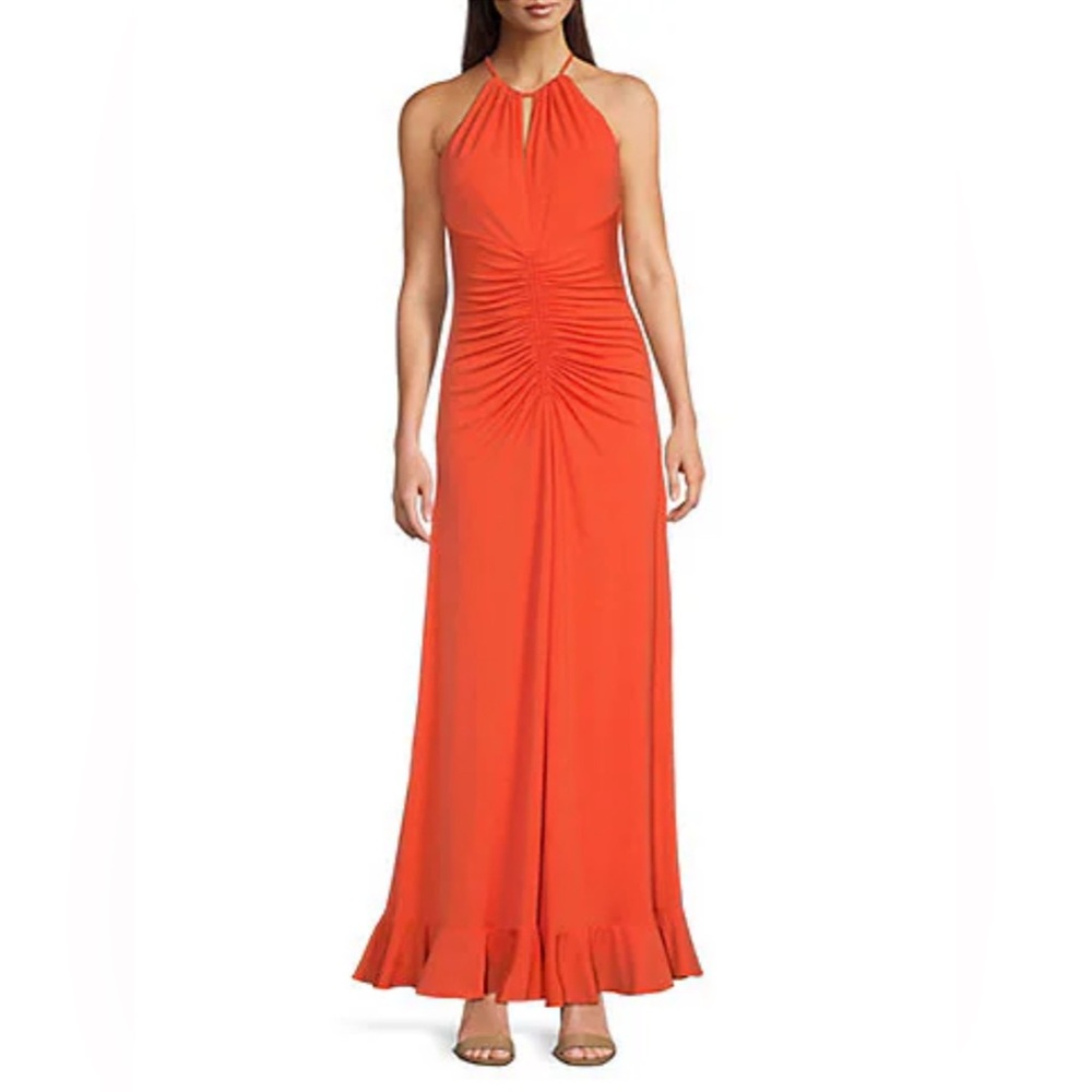 NWT Badgley Mischka Size 0 Marcella Halter Neck Ruched Maxi Dress Sleeveless